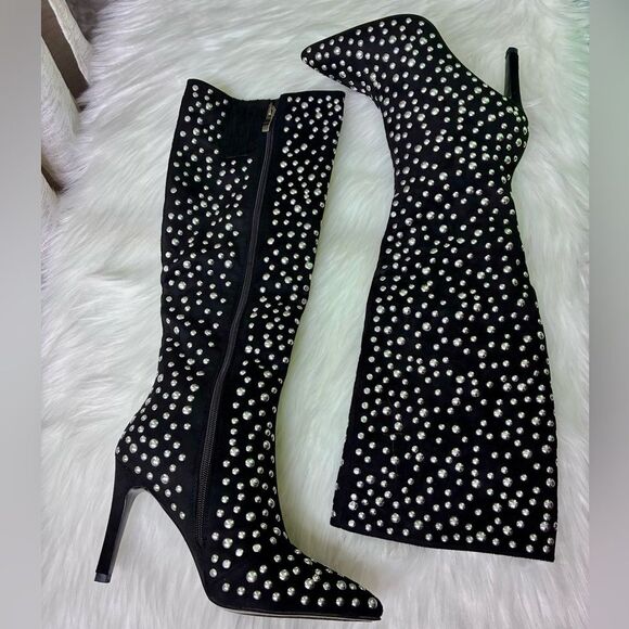 NIB Lauren Lorraine Haddie Silver Studded Knee High Black Stiletto Boots - Picture 3 of 12